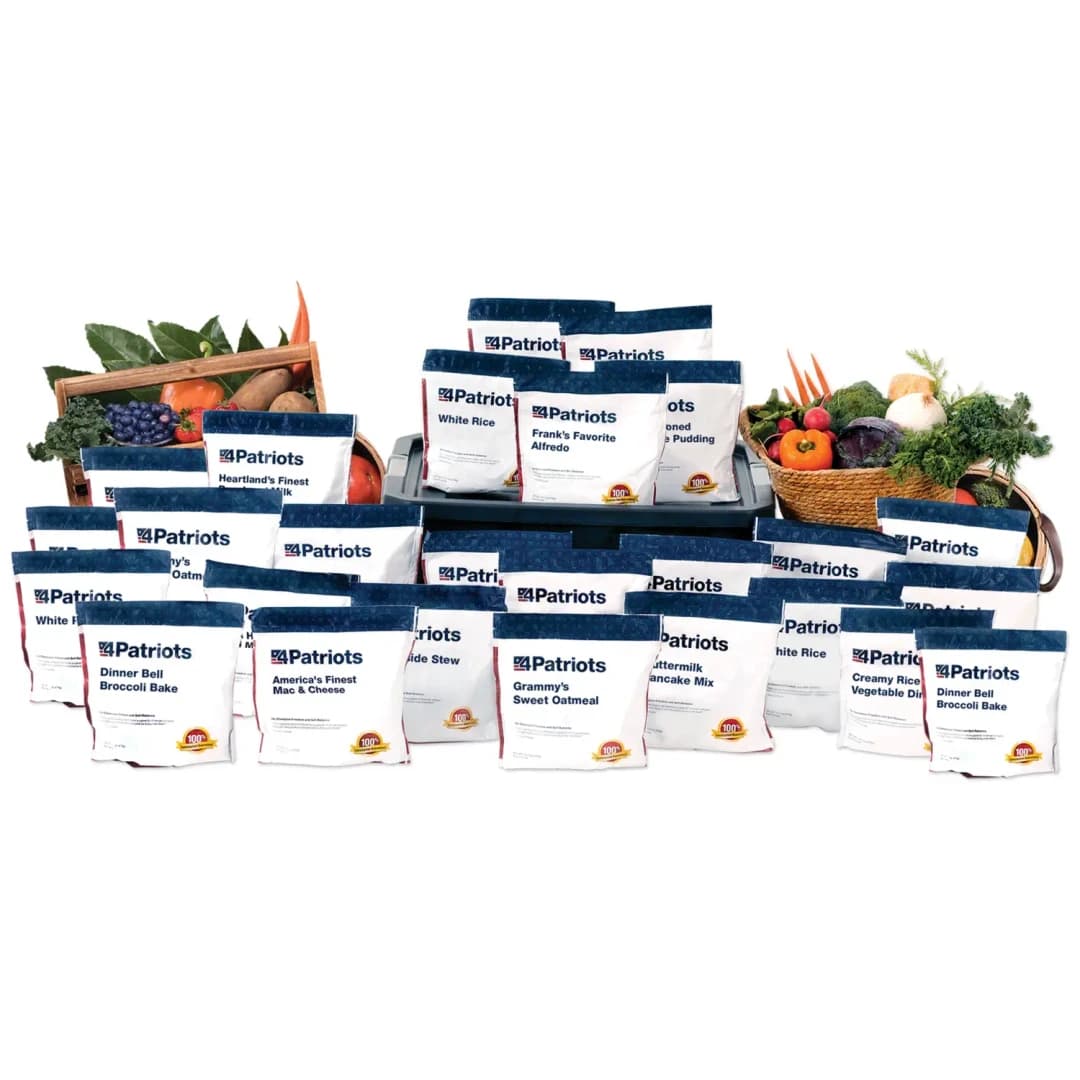 4Patriots 4-Week Emergency Survival Kit food pouches arranged in tiers around included water-resistant, slim-line tote with fresh produce baskets on either side.