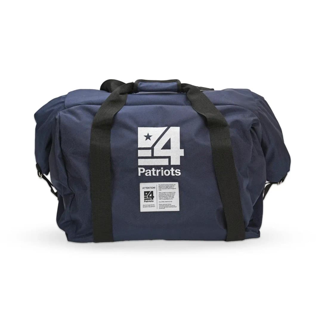 An emergency preparedness EMP bag is shown on a white background. The bag is large navy blue duffle bag with the 4Patriots logo.