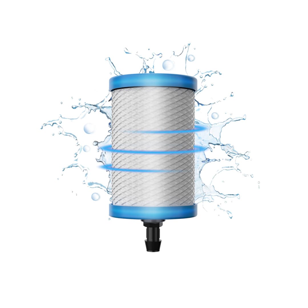A detailed close-up of the Nanomesh filter set against a background of clear water