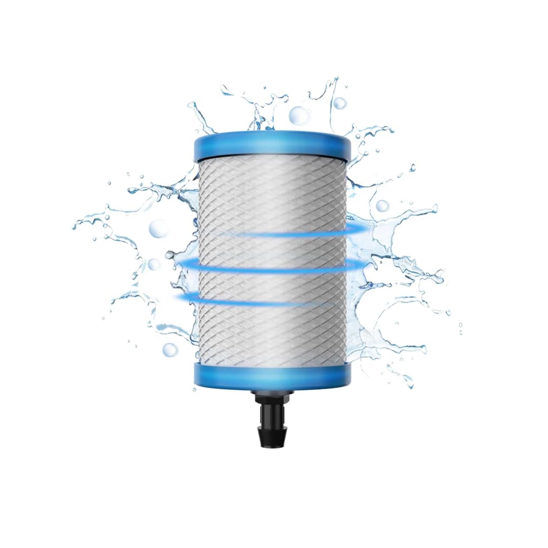 A detailed close-up of the Nanomesh filter set against a background of clear water