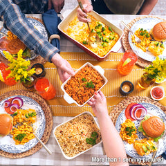 Person serving Rice and Broccoli Bake from a dish at the table