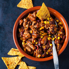 Prepared classic bean chili dip.