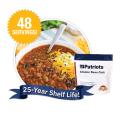 Prepared classic bean chili food kit and pouch. 25-year shelf life. 48 servings.