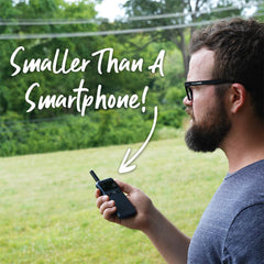 Man speaking into the Talk-N-Go Rechargeable Walkie Talkie